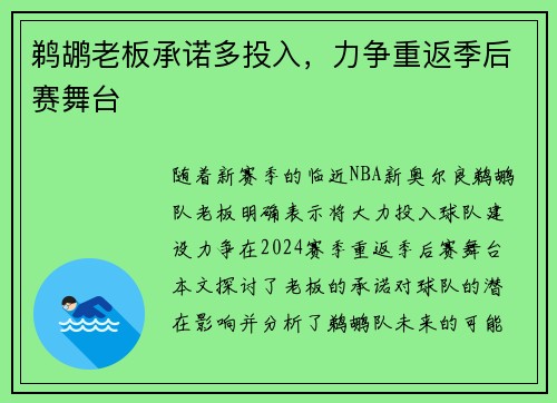 鹈鹕老板承诺多投入，力争重返季后赛舞台