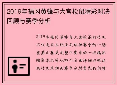 2019年福冈黄蜂与大宫松鼠精彩对决回顾与赛季分析
